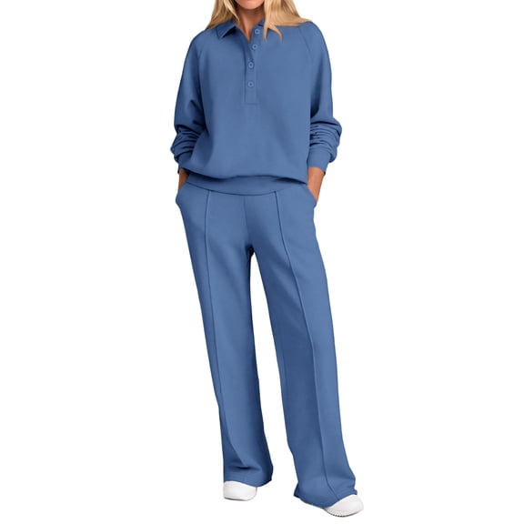 YDSLJYZ  Women Fall 2 Piece Outfits Sweatsuits Quarter Button Long Sleeve Sweatshirt Wide Leg Pants Tracksuit Lounge Sets