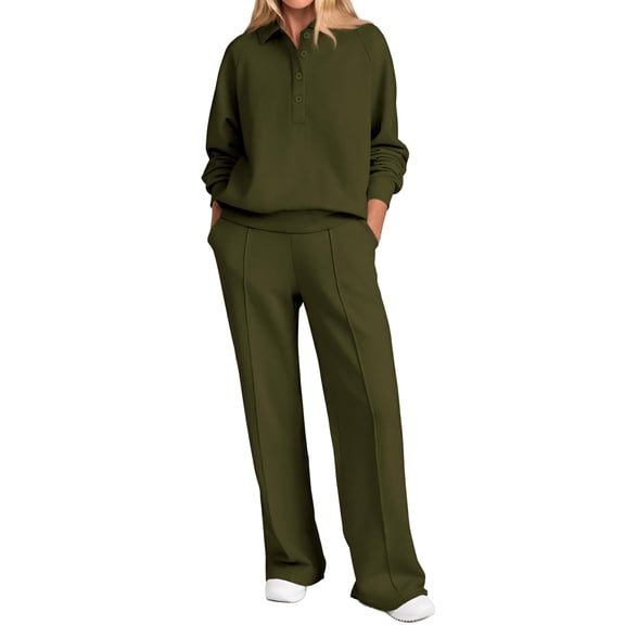 YDSLJYZ  Women Fall 2 Piece Outfits Sweatsuits Quarter Button Long Sleeve Sweatshirt Wide Leg Pants Tracksuit Lounge Sets