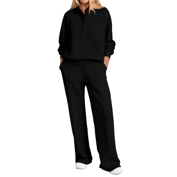YDSLJYZ  Women Fall 2 Piece Outfits Sweatsuits Quarter Button Long Sleeve Sweatshirt Wide Leg Pants Tracksuit Lounge Sets