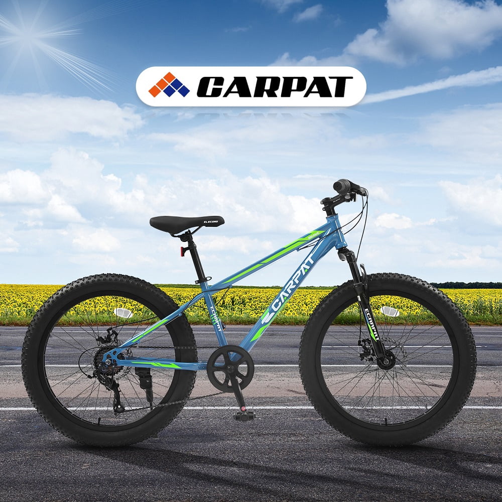YDSM 24 Inch Fat Tire Bike  Full Shimano 7 Speeds Mountain Bike, Dual Disc Brake, High-Carbon Steel Frame, Front Suspension, Mountain Trail Bike, Urban Commuter City Bicycle  Blue