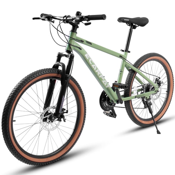 YDSM 24 Inch Mountain Bike , High Carbon Steel Frame, Disc Brakes, Durable Design, Brown Edge Tires, Ideal Green
