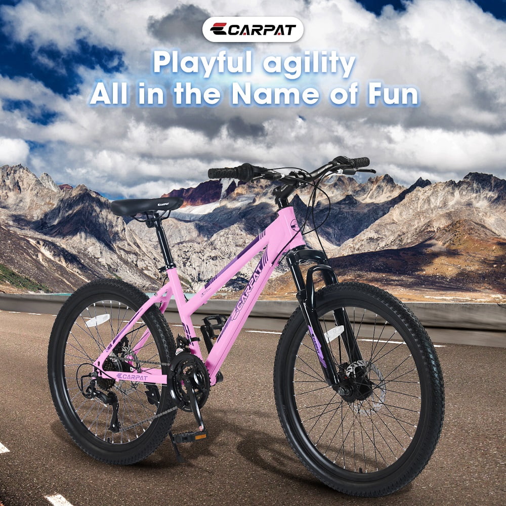 YDSM  24 inch Mountain Bike Shimano 21 Speeds with Dual Disc Brakes and 100mm Front Suspension Pink