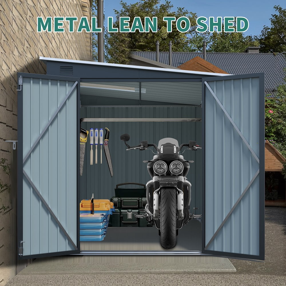 YDSM 6x8FT Galvanized Steel Outdoor Storage Shed with Lockable Double Doors, Metal Lean to Shed with Free PC Light Board for Tools, Bikes & Patio Essentials