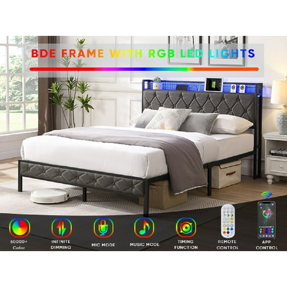YDSM Full Bed Frame with Storage Headboard, Charging Station and LED Lights, Upholstered Platform Bed with Heavy Metal Slats, No Box Spring Needed, Noise Free, Easy Assembly, Dark Gray