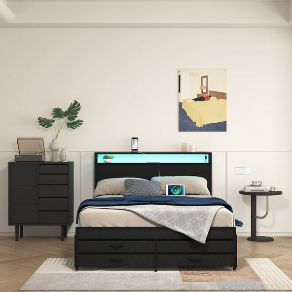 YDSM  Full Size Bed Frame with 8 Storage Drawers, LED Headboard with Charging Station, Metal