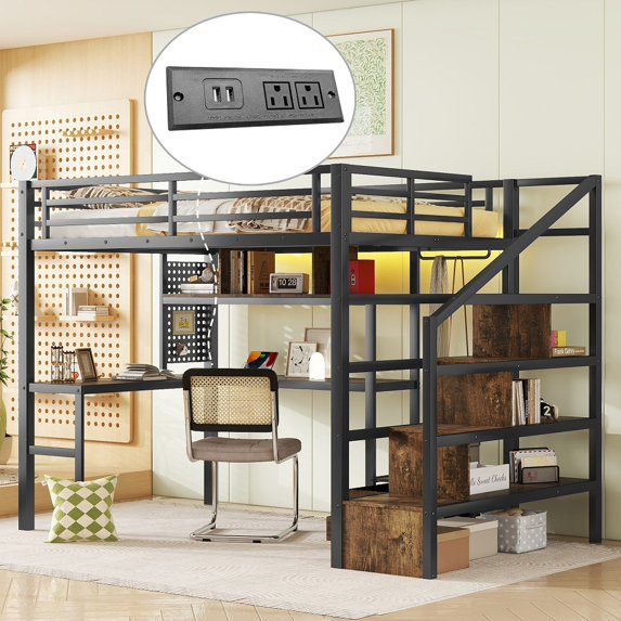 YDSM Full Size Loft Bed with LED Light & Charge Station, Metal Loft Bed ...