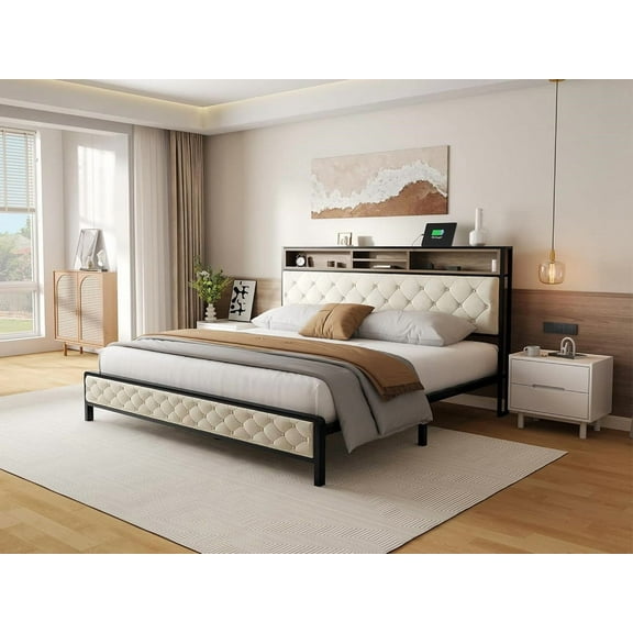 YDSM King Size Bed Frame, Platform Bed Frame with Charging Station, Upholstered Storage Headboard & Footboard Metal Slats Supports Mattress Foundation