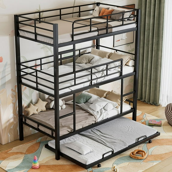 YDSM Metal Twin Size Triple Bunk Bed With Trundle, Black