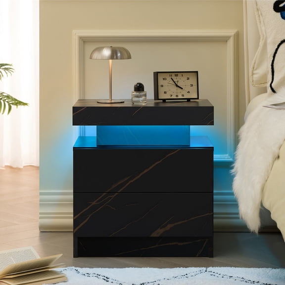 YDSM Nightstand LED Bedside Table Cabinet Lights Modern End Side with 2 Drawers