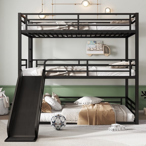 YDSM Queen over Queen over Queen Bunk Bed with Slide, Metal Triple Bunk Bed with Safety Guardrails, Heavy-duty Bunk Bed with Noise-reduced Design, Black