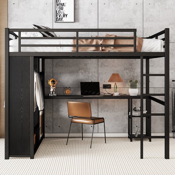 YDSM Queen Size Loft Bed Frame with Built-in Wardrobe, Metal Loft Bed with Desk and Storage Shelves, Black
