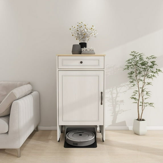 YDSM Robot Vacuum Stand Cabinet with Wheels, Sweeping Robot Storage Rack with Doors and Drawers, Side Table for Living Room, Home Office, Kitchen-Antique White