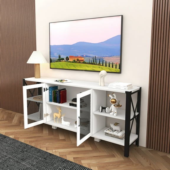 YDSM TV Stands for Living Room, Industrial TV Stand for Bedroom Furniture, Farmhouse TV Stand 80 Inch Television Stand , Modern Horizontal Wood and Metal Open Bookshelf