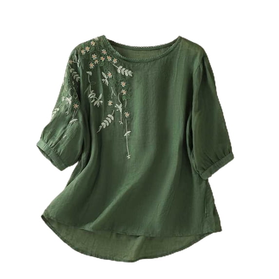 YDTUYT 3/4 Sleeve Shirts for Women Crew Neck Blouses Outfits for Women Over 50 Trendy Tunics Top Loose Tunics Top Office Work Tops Vacation Beach Solid Blouses Going Out Tops Peasant Tops Green L