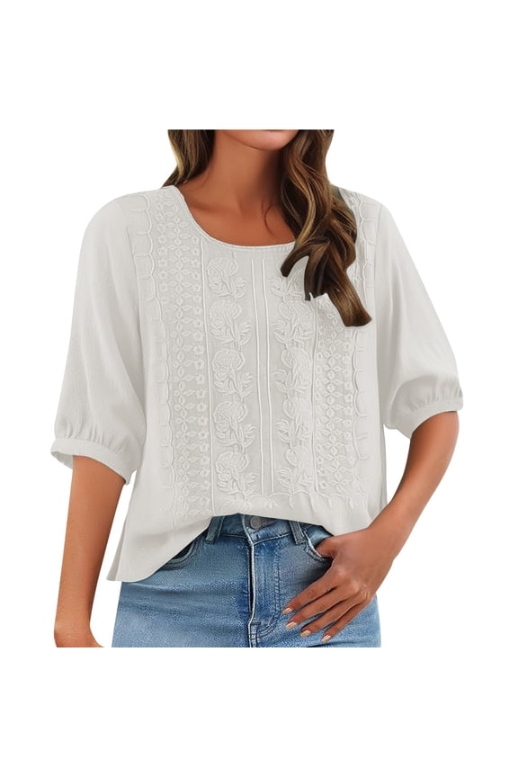 Cotton Linen Shirts for Women Bohemian Tops Travel Vacation Classy Outfits for Women Over 60 Summer Gauze Shirts Elbow Sleeve Dressy Casual Blouses Summer Spring Blouses White M