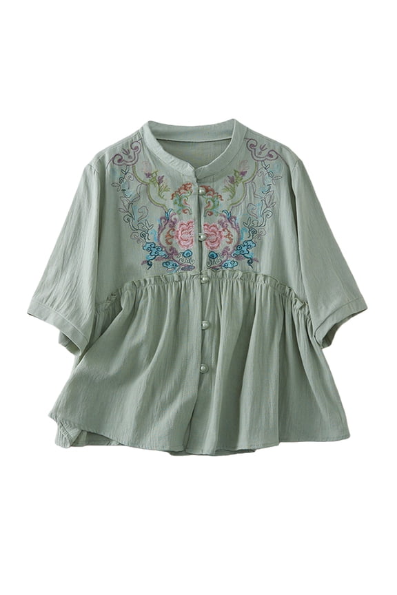 Embroidered Cotton Linen Tops for Women Summer Tops for Women Loose Fit Blouses Elbow Sleeve Classy Outfits for Women Over 60 Summer Gauze Shirts Tunics Top Retro Boho Tops Peasant Tops XXL