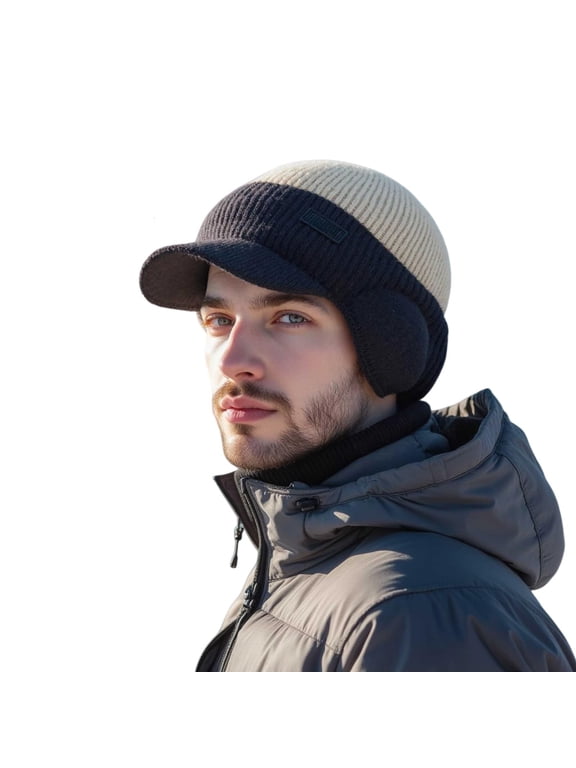 Men's Winter Beanie Cold Protection Ski Cap for Cold Weather & Large Heads Baseball Cap Earflaps Trapper Hat for Men Beanie Hat with Brim Ear Flaps Thermal Skull Cap Trapper Hat Khaki