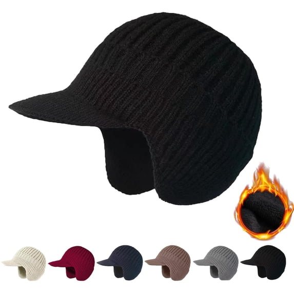YDTUYT Winter Beanie Hats for Men Head Warm Knit Stocking Cap for Outdoor Skiing Baseball Cap Earflaps Trapper Hat for Men Knit Beanie Hats with Visor&Ear Flaps Beanie Hat with Brim Ear Flaps Black