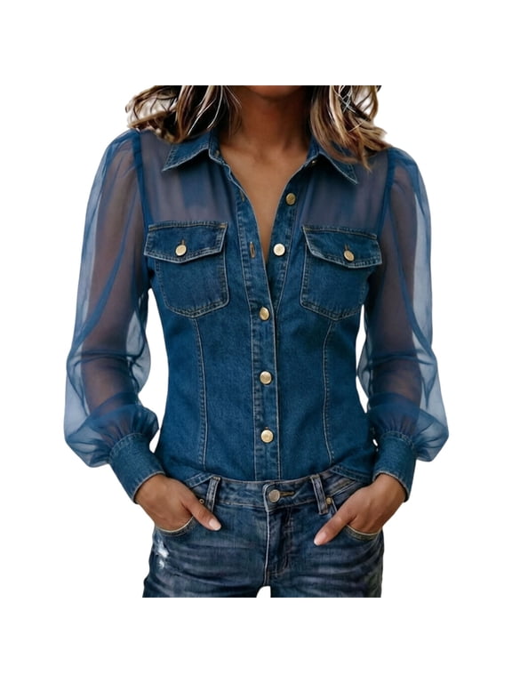 Women's Sheer Mesh Long Sleeve Denim Shirt,Button Down See Through Blouse With Pockets,Casual Slim Imitation Jeans Puff Sleeve Patchwork Denim Blouse Jean Top Elegant Top for Party Office Wear