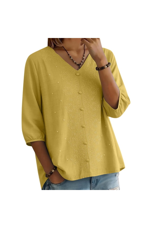 Women's Summer Flora Embroidered Tops Vintage Vacation Tees Shirt Blouse Tops Dressy Work Tops Crew Neck Blouses Outfits for Women Over 50 Lightweight Pullover Shirt Dressy Casual Blouses 5XL