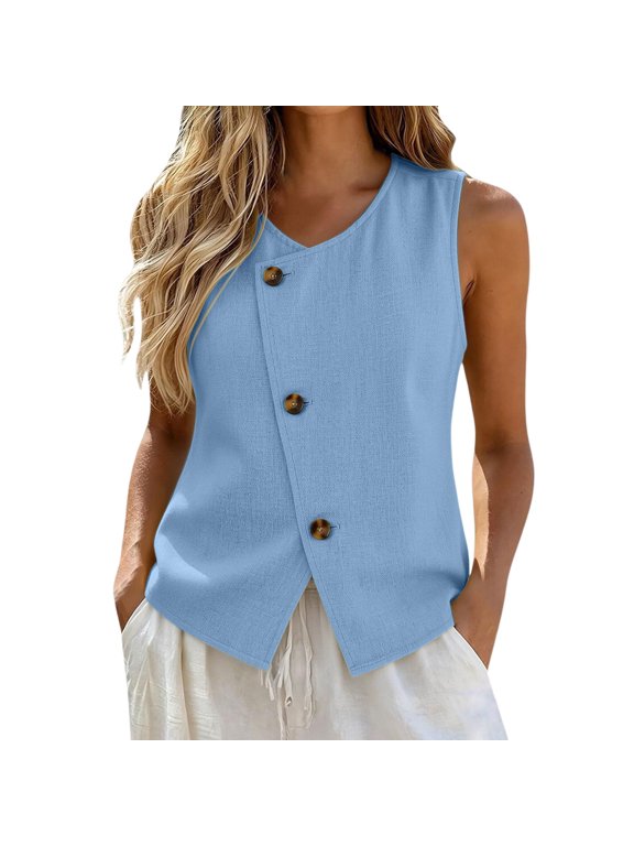 Womens Tank Tops Loose Fit Asymmetrical Wrap Button Vest Tops Solid Vest Flowy Shirts Crewneck Shirt Sleeveless Layering Camisoles Tunic Top Summer Gauze Shirt Basic Tank Boho Loose Fit Cami
