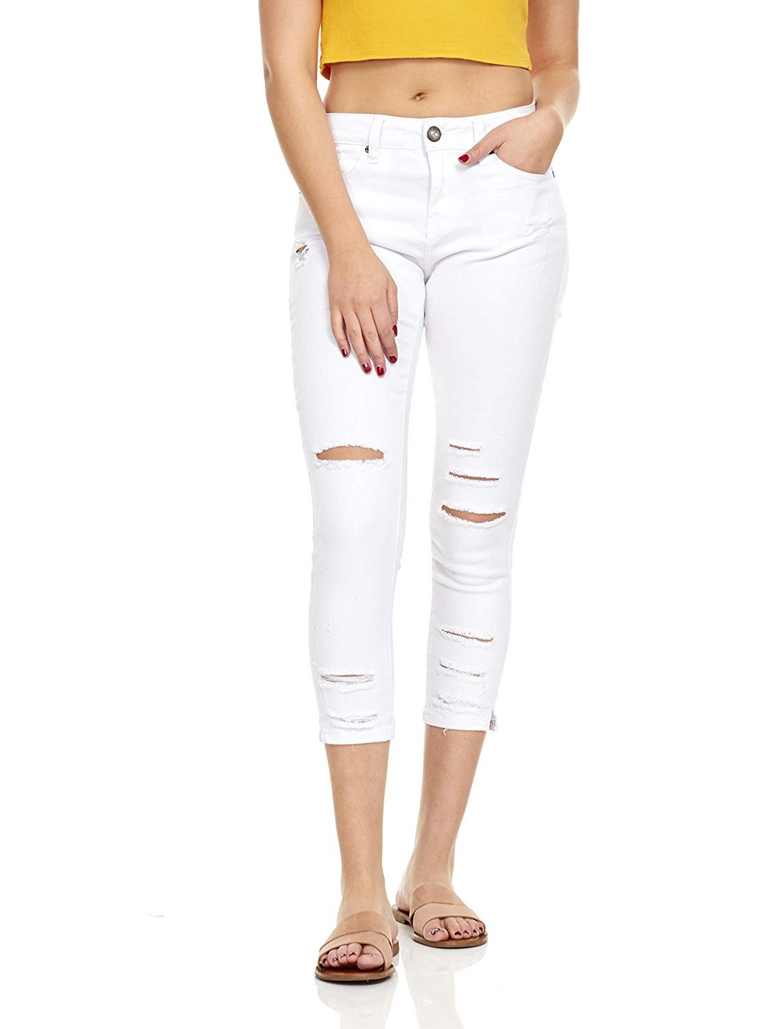 YDX Smart Jeans High Waisted Casual Stretchy Comfy Ripped Cropped Hem Pants White Wash Size Juniors 1 - image 1 of 5