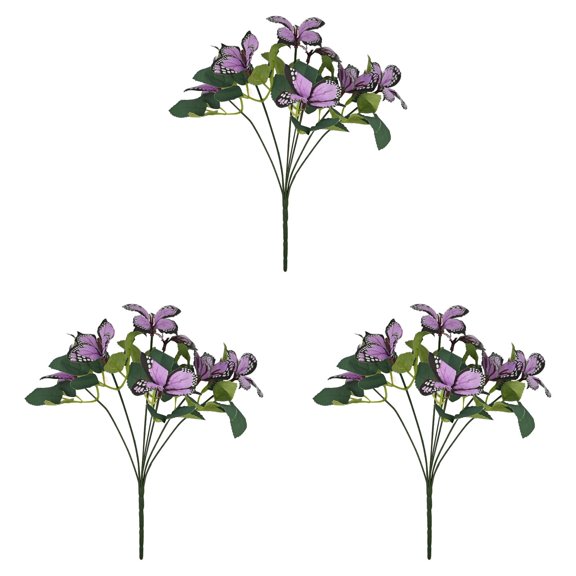 YDYB 3Pcs 7-Head Faux Outdoor Flowers with Butterflies, 11.8 inch Artificial Flowers for Vase, Spring Flowers Artificial for Decoration, for Gardens, Windows, Doors and Corridors, Purple