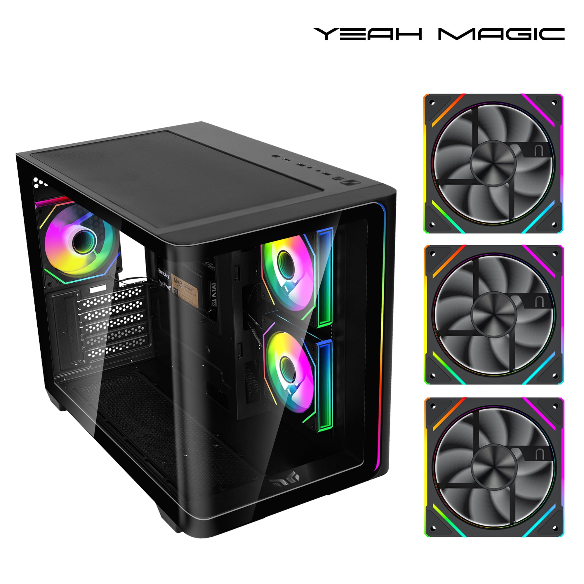 YEAH MAGIC Biforst MATX PC Gaming Case ARGB Full Clear-Side High-Airflow Light Strip Sturdy One-Piece Curved Glass With 3 ARGB Fans Mid-Tower Art Computer Chassis Striped Rainbow Lamp Black