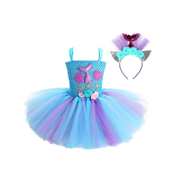 YEAHDOR Baby Girls Mermaid Cosplay Costume Halloween Carnival Party Fancy Outfit Toddlers Mesh Tutu Dress with Hair Hoop A Light Blue 8-9Y