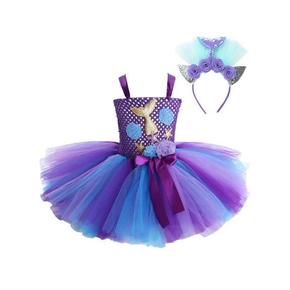 YEAHDOR Baby Girls Mermaid Cosplay Costume Halloween Carnival Party Fancy Outfit Toddlers Mesh Tutu Dress with Hair Hoop Purple 2-3Y