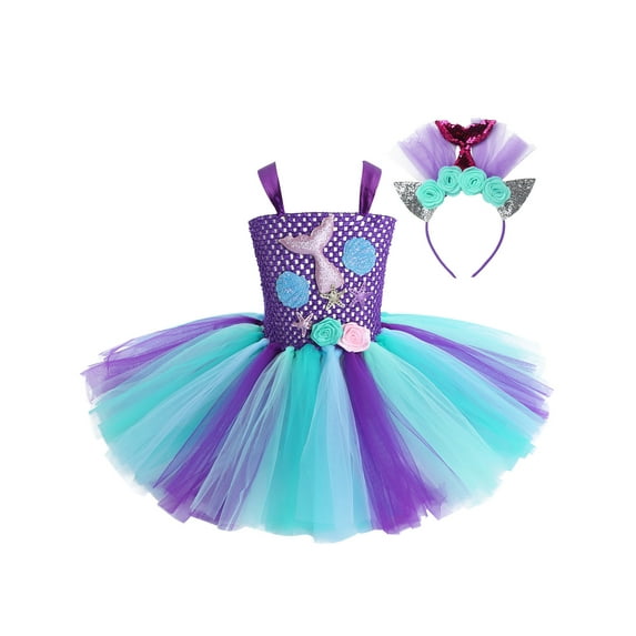 YEAHDOR Baby Girls Mermaid Cosplay Costume Halloween Carnival Party Fancy Outfit Toddlers Mesh Tutu Dress with Hair Hoop Purple&Light Blue 4-5Y