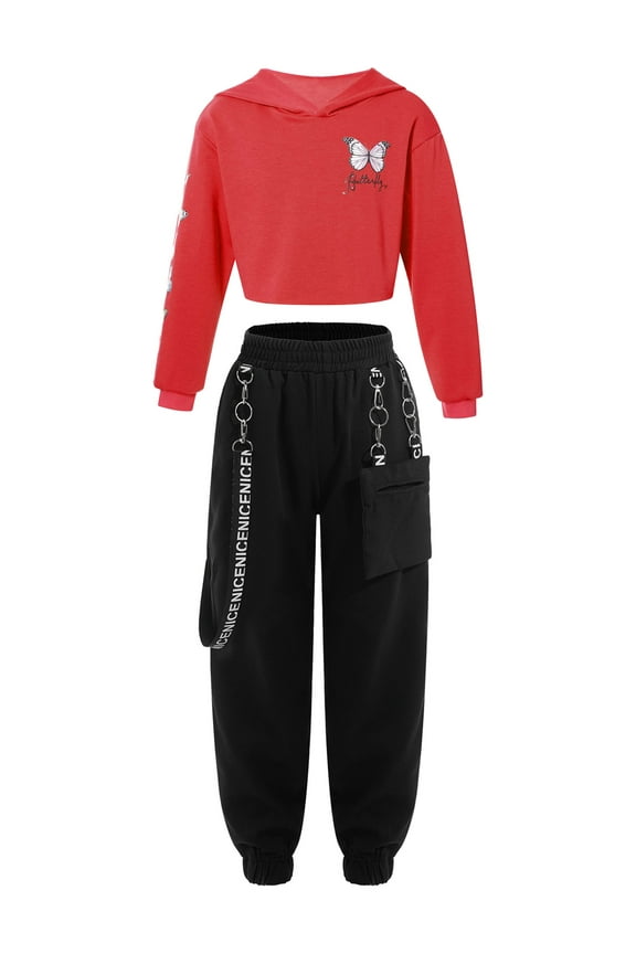 Big Girls Juniors Activewear Sweatshirt with Jogger Pants Outfit Set Sports Hip Hop Dance Outfit Red 16