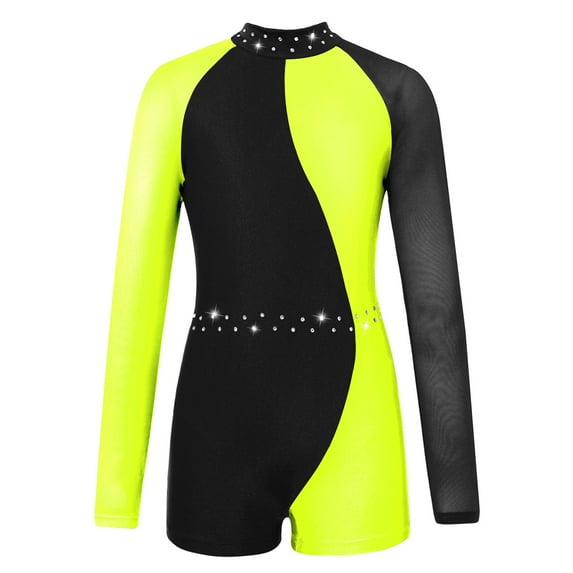 YEAHDOR Big Girls Mesh Long Sleeve Contrast Color Dance Gymnastics Leotard,Sizes 6-16