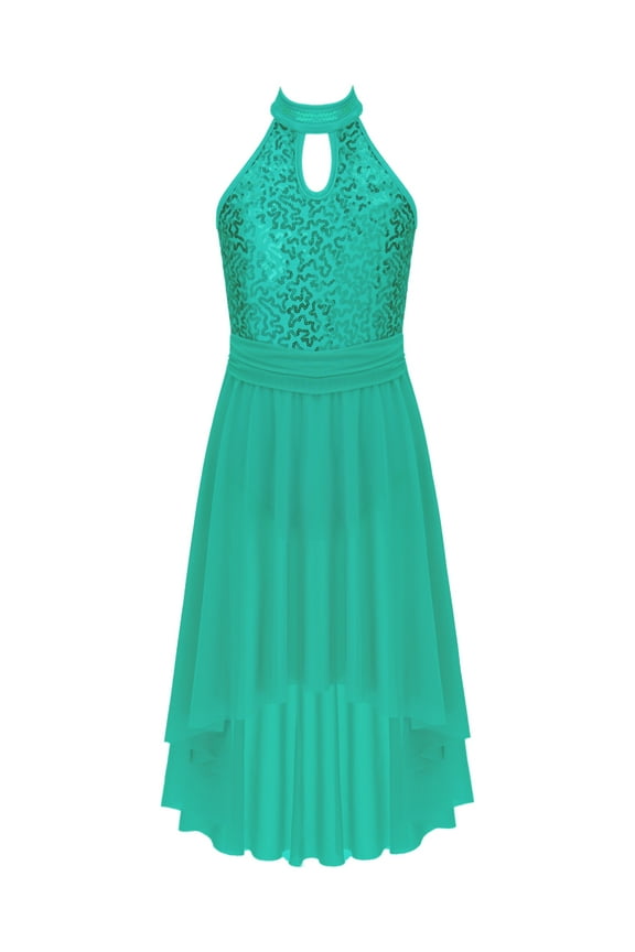 Big Girls Shiny Sequins Dance Dress Tweens Halter Ballet Lyrical Dance Costume,Sizes 6-16