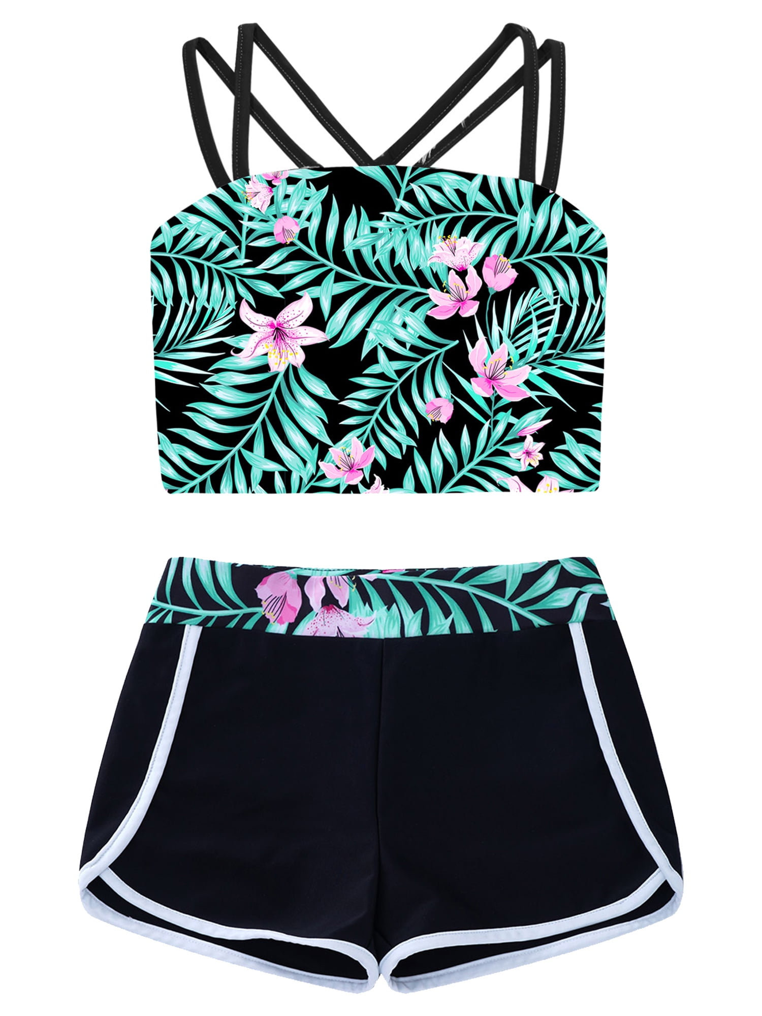 YEAHDOR Big Girls Twopiece Swimsuit Allover Lily Print Criss Cross