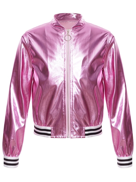 Boys Girls Metallic Baseball Bomber Jacket Zip Up Long Sleeve Coat Jazz Hip Hop Dance Top Pink 8