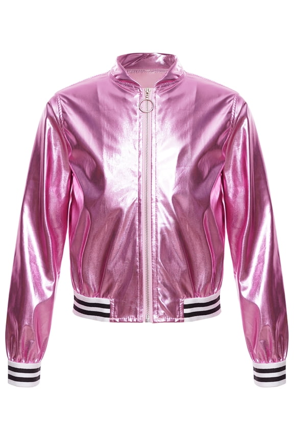 Boys Girls Metallic Baseball Bomber Jacket Zip Up Long Sleeve Coat Jazz Hip Hop Dance Top Pink 8