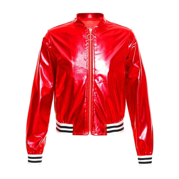 YEAHDOR Boys Girls Metallic Baseball Bomber Jacket Zip Up Long Sleeve Coat Jazz Hip Hop Dance Top Red 14