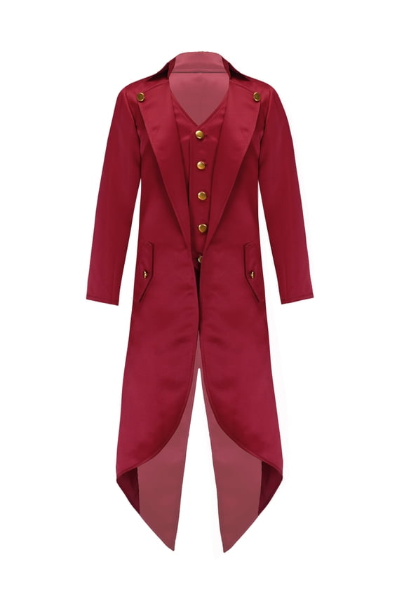 Boys Renaissance Steampunk Long Sleeved Tailcoat Medieval Victorian Gothic Notch Lapel Jacket Red 10