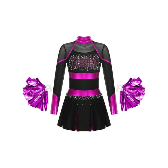 YEAHDOR Cheer Team Uniform for Schoolgirls Cheerleading Outfit Carnival Masquerade Costume Dress with Hand Flower Balls Black&Hot Pink 6