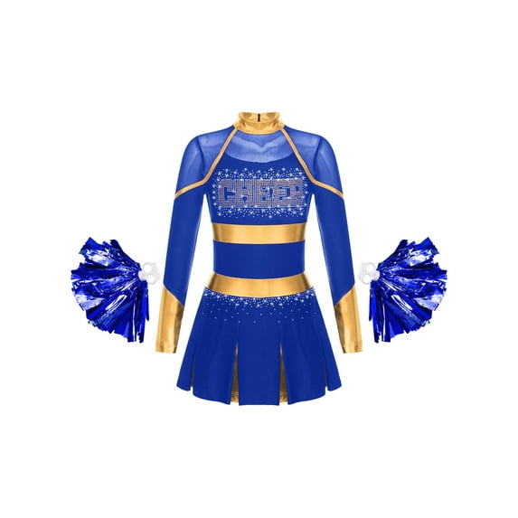 YEAHDOR Cheer Team Uniform for Schoolgirls Cheerleading Outfit Carnival Masquerade Costume Dress with Hand Flower Balls Blue 10