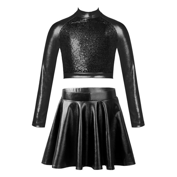 YEAHDOR Girls 2Pcs Metallic Latin Jazz Dance Outfit Shiny Sequins Long Sleeve Crop Top with Skating Skirt Black 14