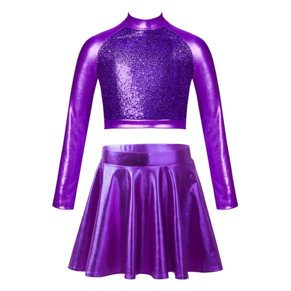 YEAHDOR Girls 2Pcs Metallic Latin Jazz Dance Outfit Shiny Sequins Long Sleeve Crop Top with Skating Skirt Purple 14