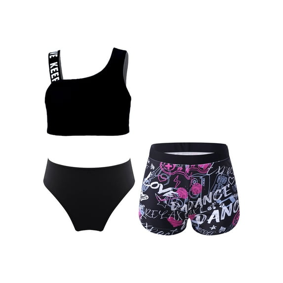 YEAHDOR Girls 3Pcs Swimsuit Asymmetrical Shoulder Crop Top with Shorts Briefs Swimming Set Vacation Pool Swimwear Black 6