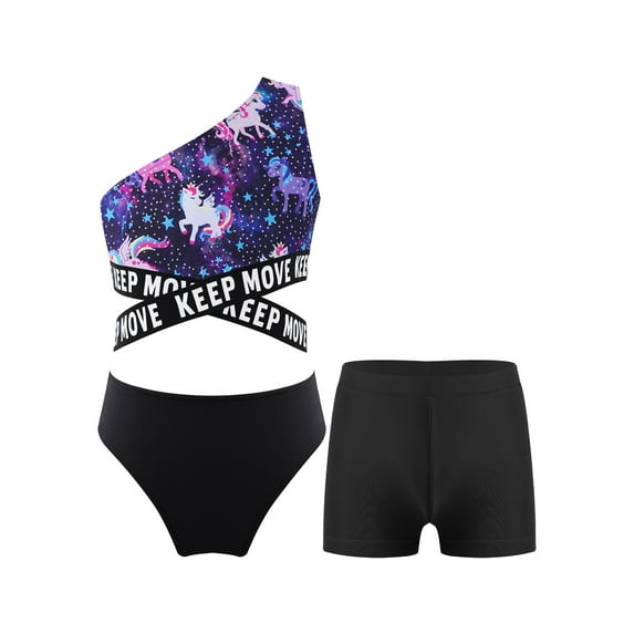 YEAHDOR Girls 3Pcs Tankini Swimsuit Single Shoulder Swim Tops with Solid Briefs Shorts Swimming Bathing Set Purple&Black 12