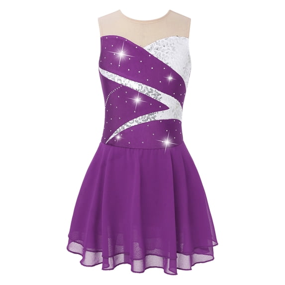 YEAHDOR Girls Ballet Dance Leotard Dress Youth Gymnastics Sleeveless Figure Ice Roller Skating Dress Dancewear Purple 14