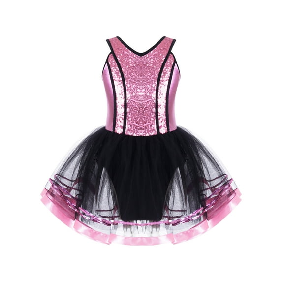 YEAHDOR Girls Ballet Tutu Mesh Dance Dress Figure Skating Sleeveless Shiny Sequins Gymnastics Costume Pink 6