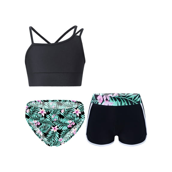 YEAHDOR Girls Bikinis 3 Pieces Swimsuit Asymmetrical Crop Top with Briefs Shorts Set for Bathing Pool Swimming Lily 8