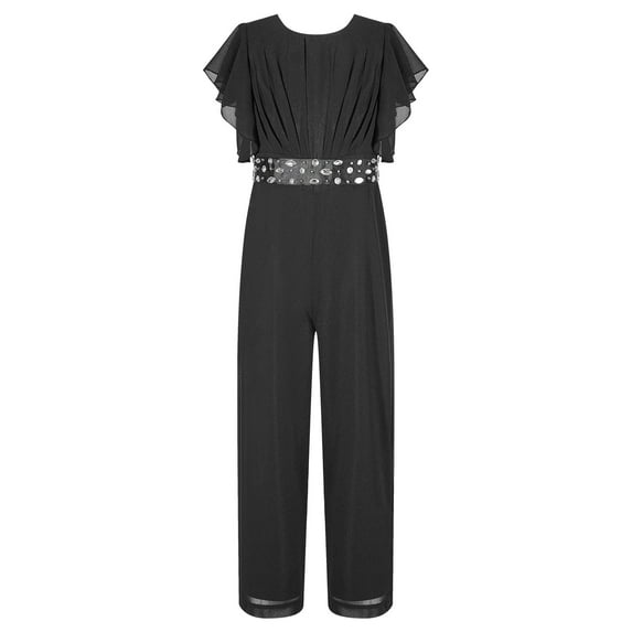 YEAHDOR Girls Chiffon Long Jumpsuit Summer Ruched Bodice Romper Wide Leg Jumpsuit Party Wear Black 6