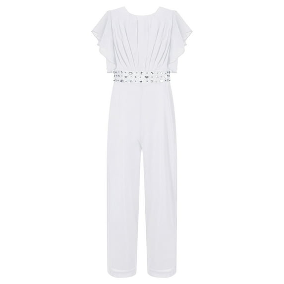YEAHDOR Girls Chiffon Long Jumpsuit Summer Ruched Bodice Romper Wide Leg Jumpsuit Party Wear Ivory 10
